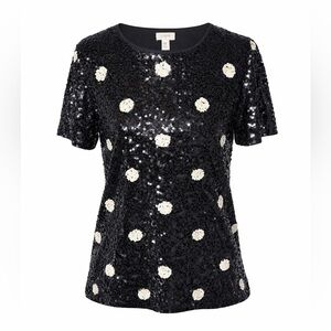 J.Crew Sequin Sparkle Polka Dot Top Black Ivory Party Short Sleeve Tee Medium